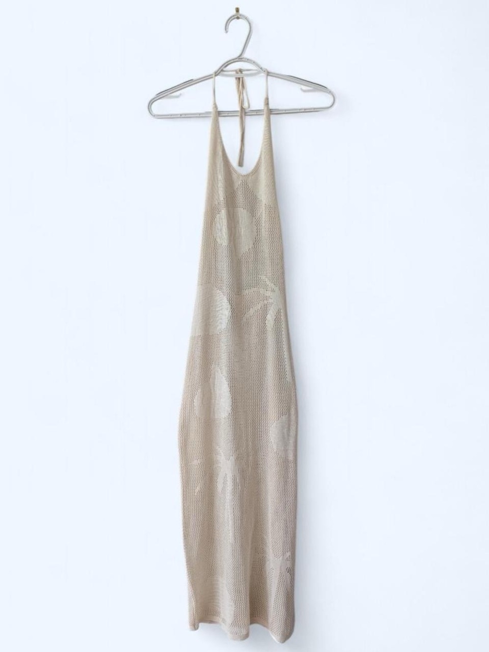 Cream Crochet Knit Halter Maxi Dress Boho Beach Cover Up Fairycore